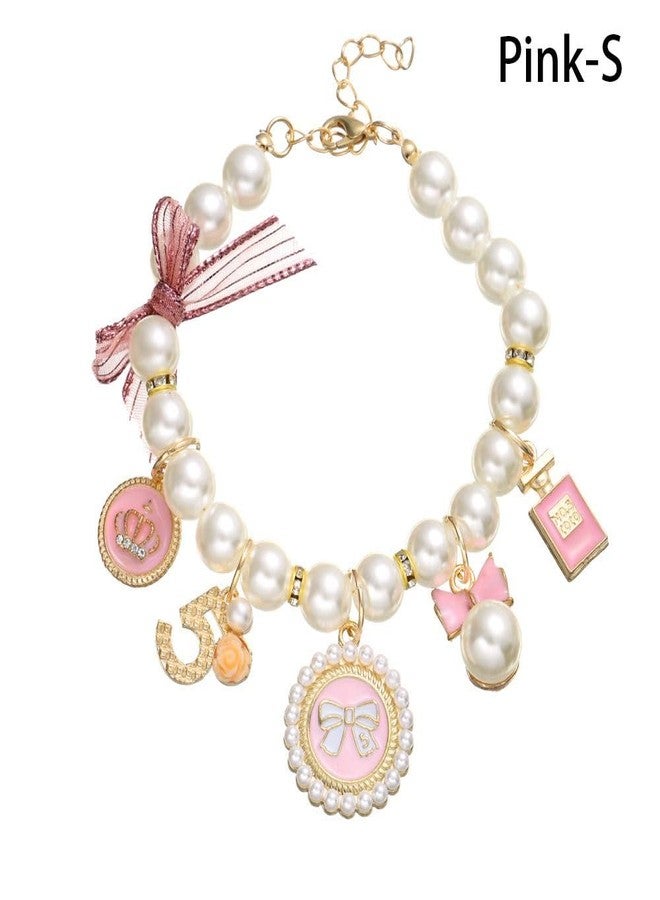 Tustao Pink Dog Pearl Collars Pet Necklace Princess Bow Necklace Sweet Bow Cute Collar Puppy Accessories Cat Jewelry Pearl Neck Strap Basic Collars for Dog Cat Adjustable Jewelry Collars(S) - Image 3